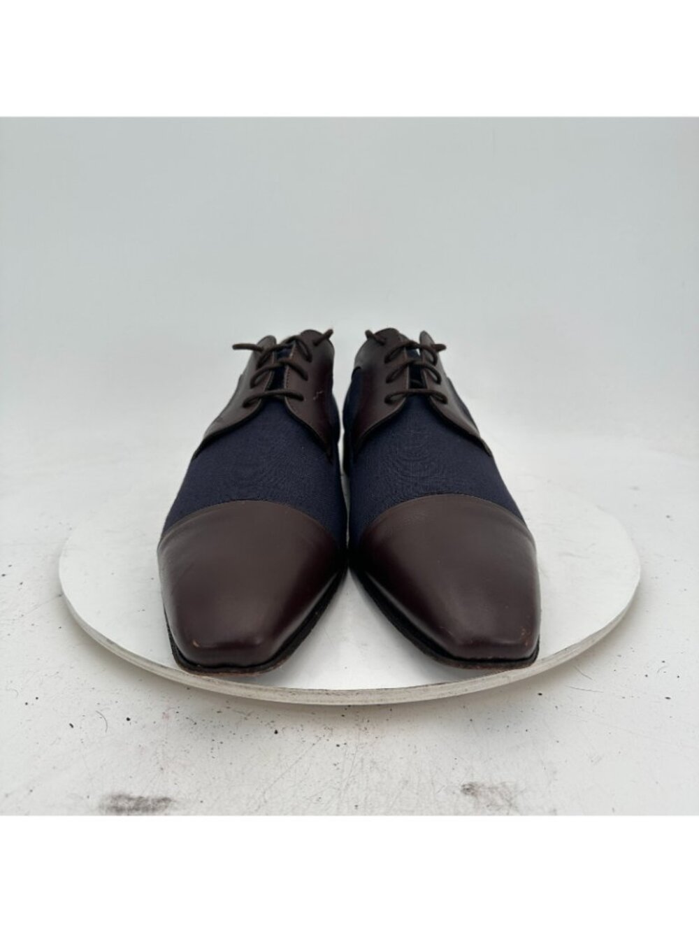 Heyraud Men Size EU 44 US 10 Blue Denim Brown Leather Cap Toe Derby Dress Shoes - Picture 3 of 11